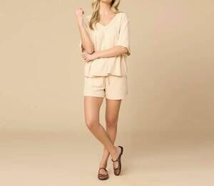 NEW SOFTIES terry relaxed v-neck with short set in warm sand
